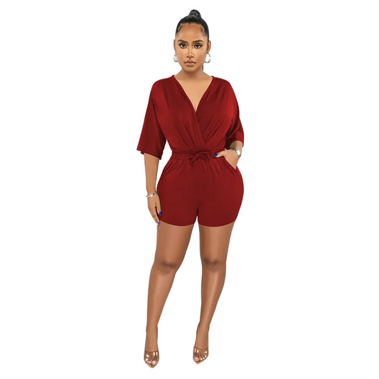 Glow Wrap V-Neck Short Sleeve Romper  Castello Clothing Line   