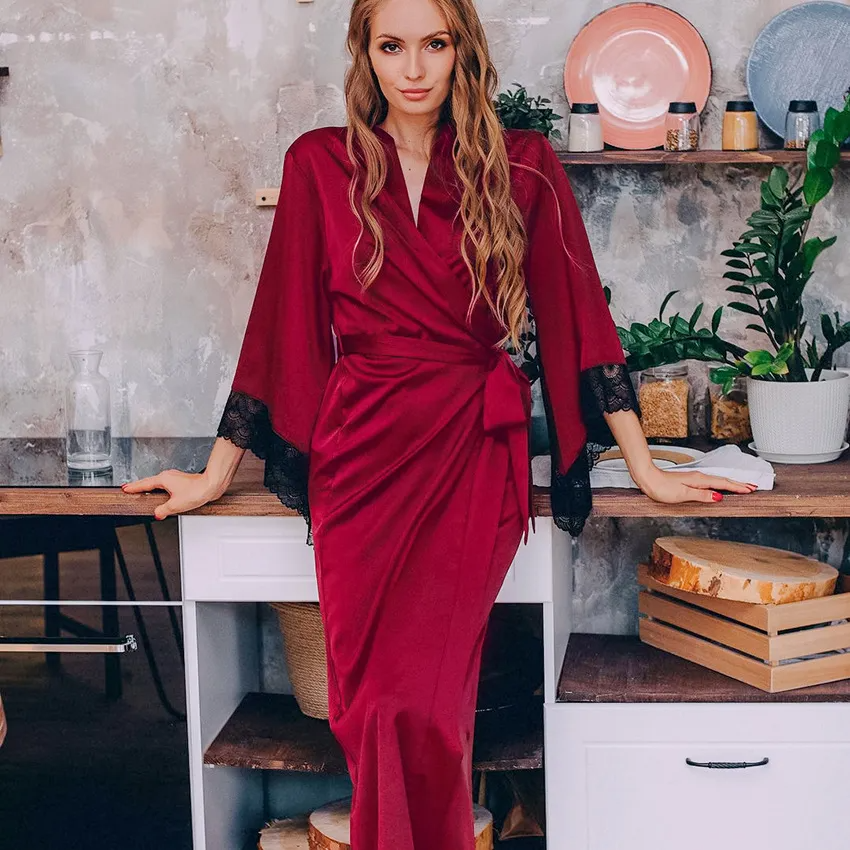 Moonlit Grace Lace-Trim Satin Long Wrap Robe  Castello Clothing Line   