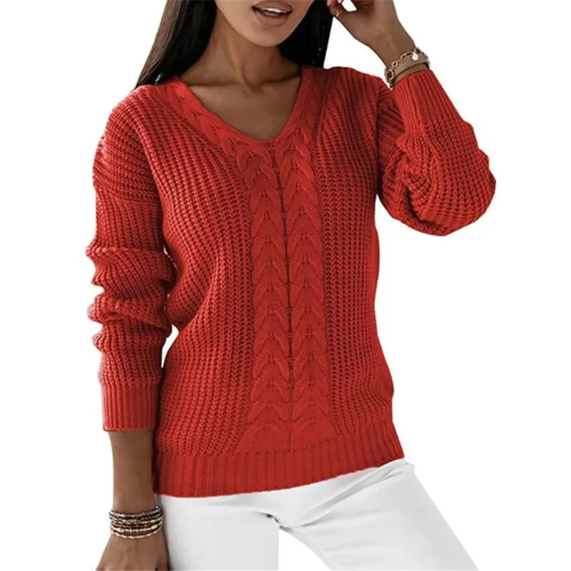 Rise V-Neck Cable Knit Long Sleeve Sweater Castello Clothing Line