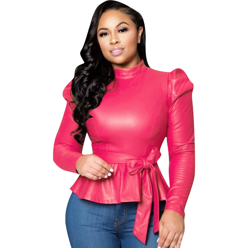 Envy Faux Leather Puff Sleeve Tie-Waist Peplum Top Castello Clothing Line