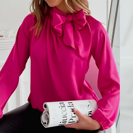 Charm Bow Tie Neck Pleated Long Sleeve Satin Blouse Castello Clothing Line