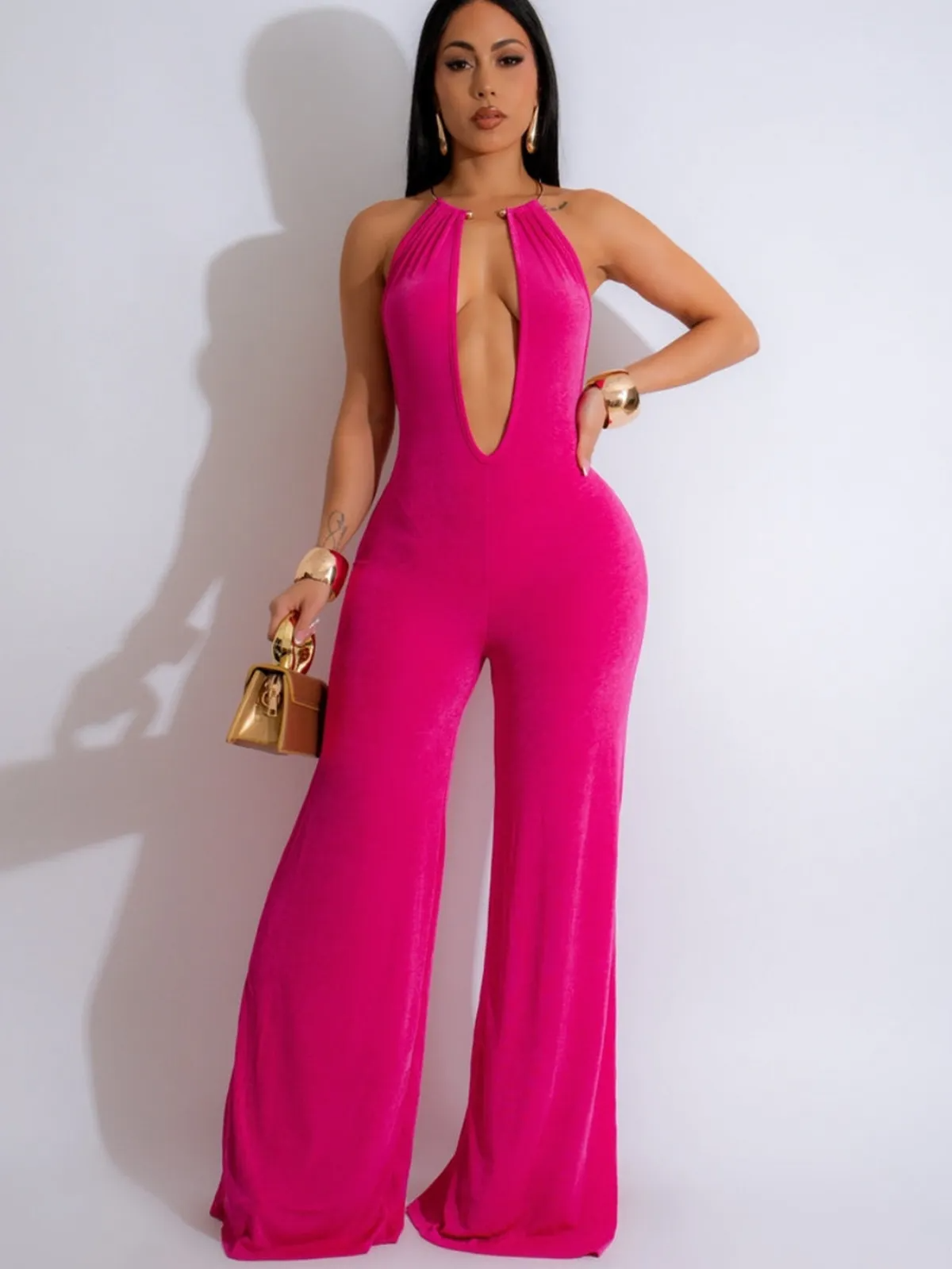 Dakota Halter Plunge Cutout Wide Leg Jumpsuit women jumpsuits Castello Clothing Line