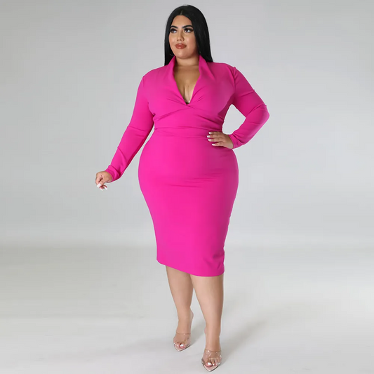 Dawn Plus Size V-Neck Long-Sleeve Bodycon Midi Dress Castello Clothing Line