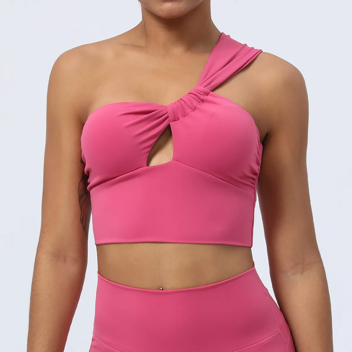 Trix One-Shoulder Ruched Cutout Cropped Workout Top sports top & bras Castello Clothing Line