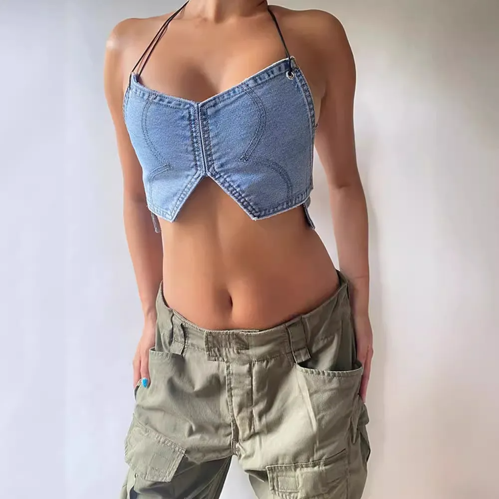 Rouge Denim Lace-Up Halter Corset Top Castello Clothing Line