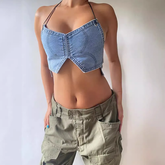 Rouge Denim Lace-Up Halter Corset Top Castello Clothing Line