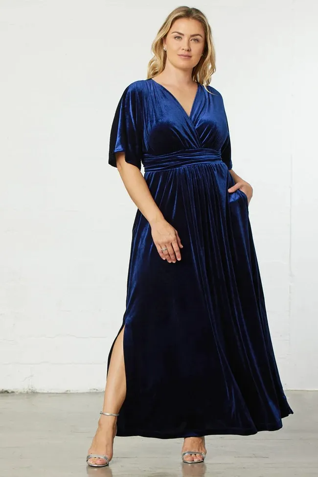 Gemina Plus Velvet Surplice Side Slit Maxi Dress maxi dress Castello Clothing Line