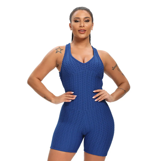 Lucia Honeycomb Scrunch Butt Crossback Workout Romper athletic rompers Castello Clothing Line