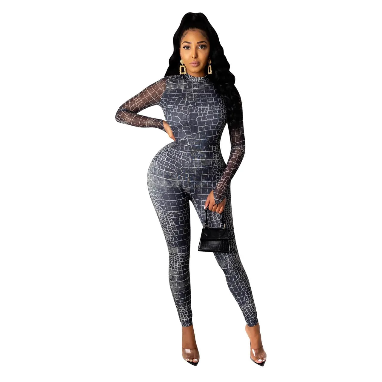 Sydney Long Sleeve Sheer Croc Print Bodycon Jumpsuit bodycon jumpsuit Castello Clothing Line