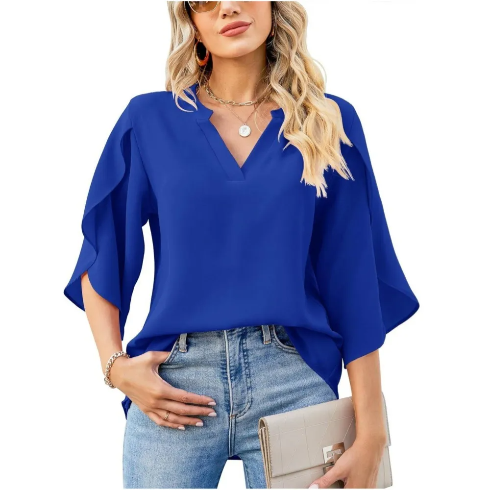 Pizzazz V-Neck Split 3/4 Sleeve Flowy Blouse Castello Clothing Line
