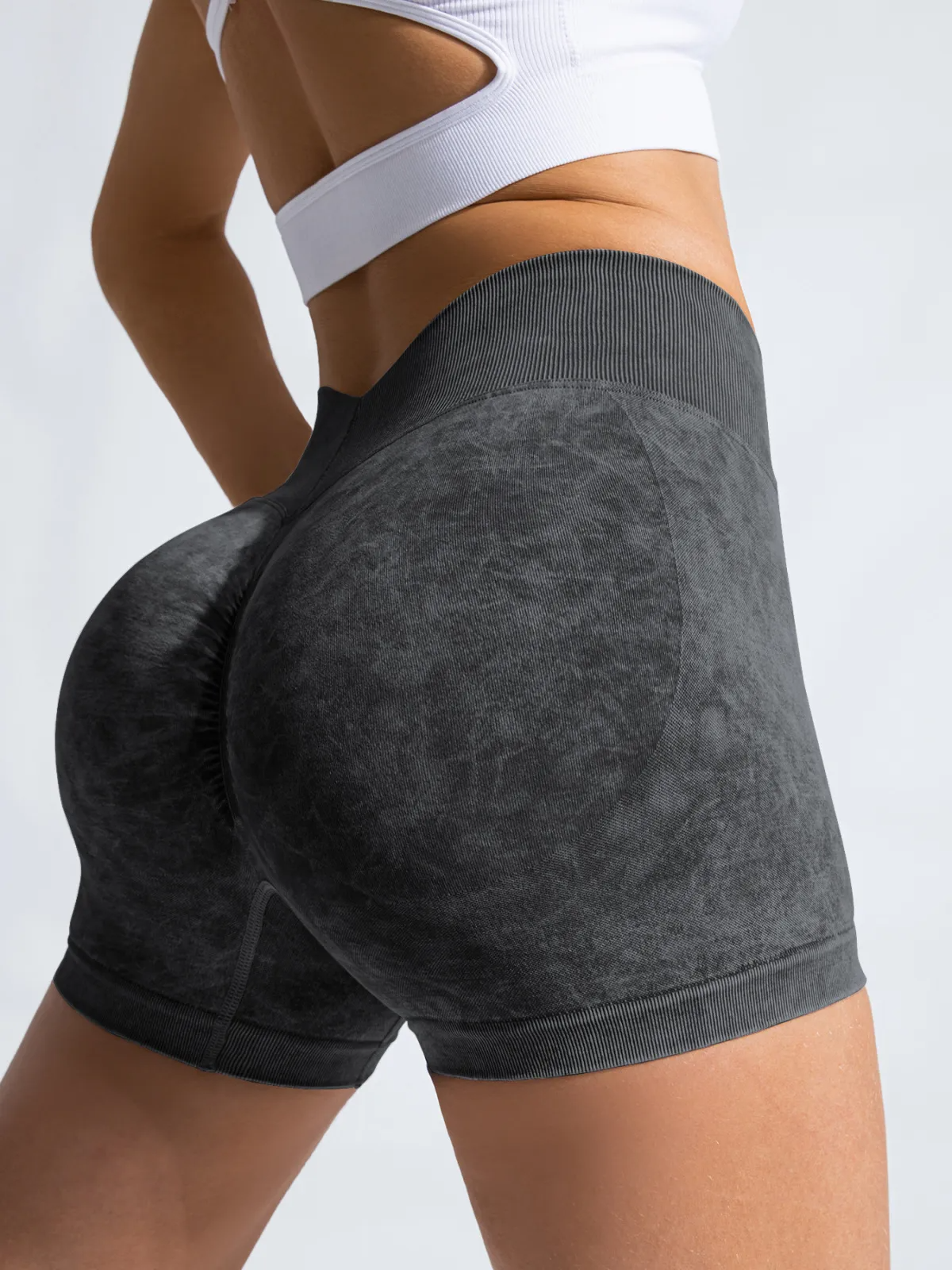 Unspoken High-Rise Seamless Scrunch Butt Acid Wash Biker Shorts workout shorts Castello Clothing Line