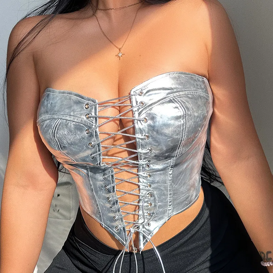 Lace Me Up Metallic Lace-Up Strapless Corset Top Castello Clothing Line