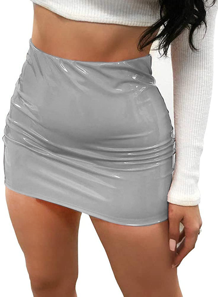 High Waisted Shiny Faux Leather Mini Skirt - Slim Fit & Stretch Waistband  Castello Clothing Line   