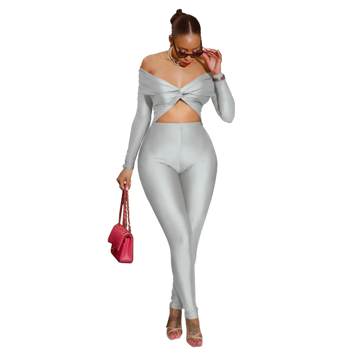 Raina Off-Shoulder Twist Front Long Sleeve Bodycon Jumpsuit women jumpsuits Castello Clothing Line