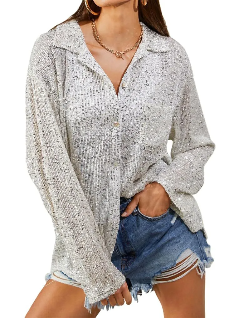 Shimmer Streak Sequin Button-Up Shirt  Castello Clothing Line   