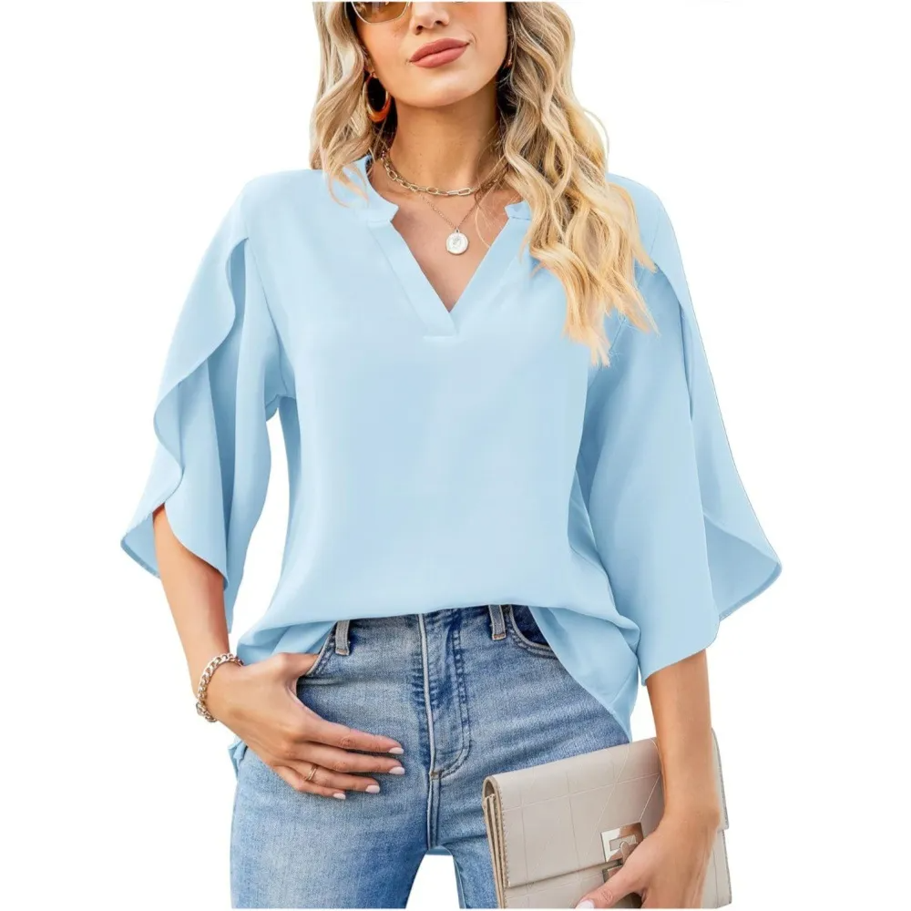 Pizzazz V-Neck Split 3/4 Sleeve Flowy Blouse Castello Clothing Line