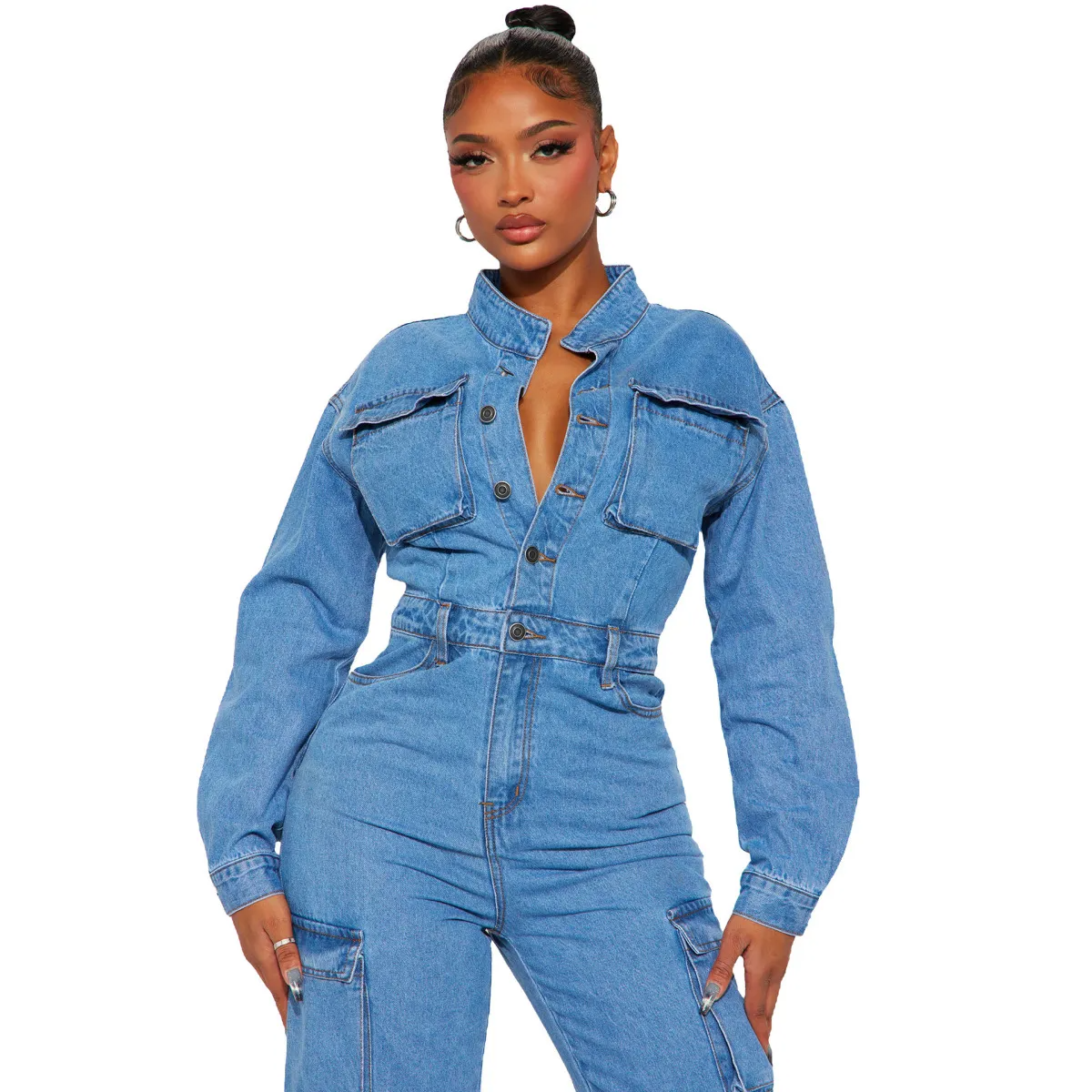 Lydia Long Sleeve Denim Cargo Wide Leg Jumpsuit utility jumpsuit Castello Clothing Line