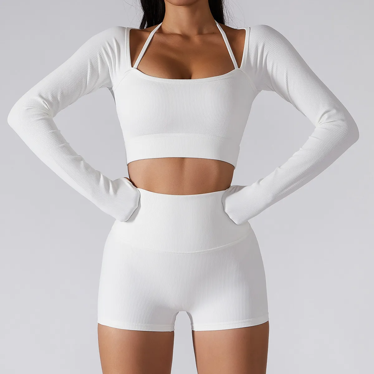 Ami Ribbed Long Sleeve Strappy Thumbhole Cropped Top workout tops and t-shirts Castello Clothing Line