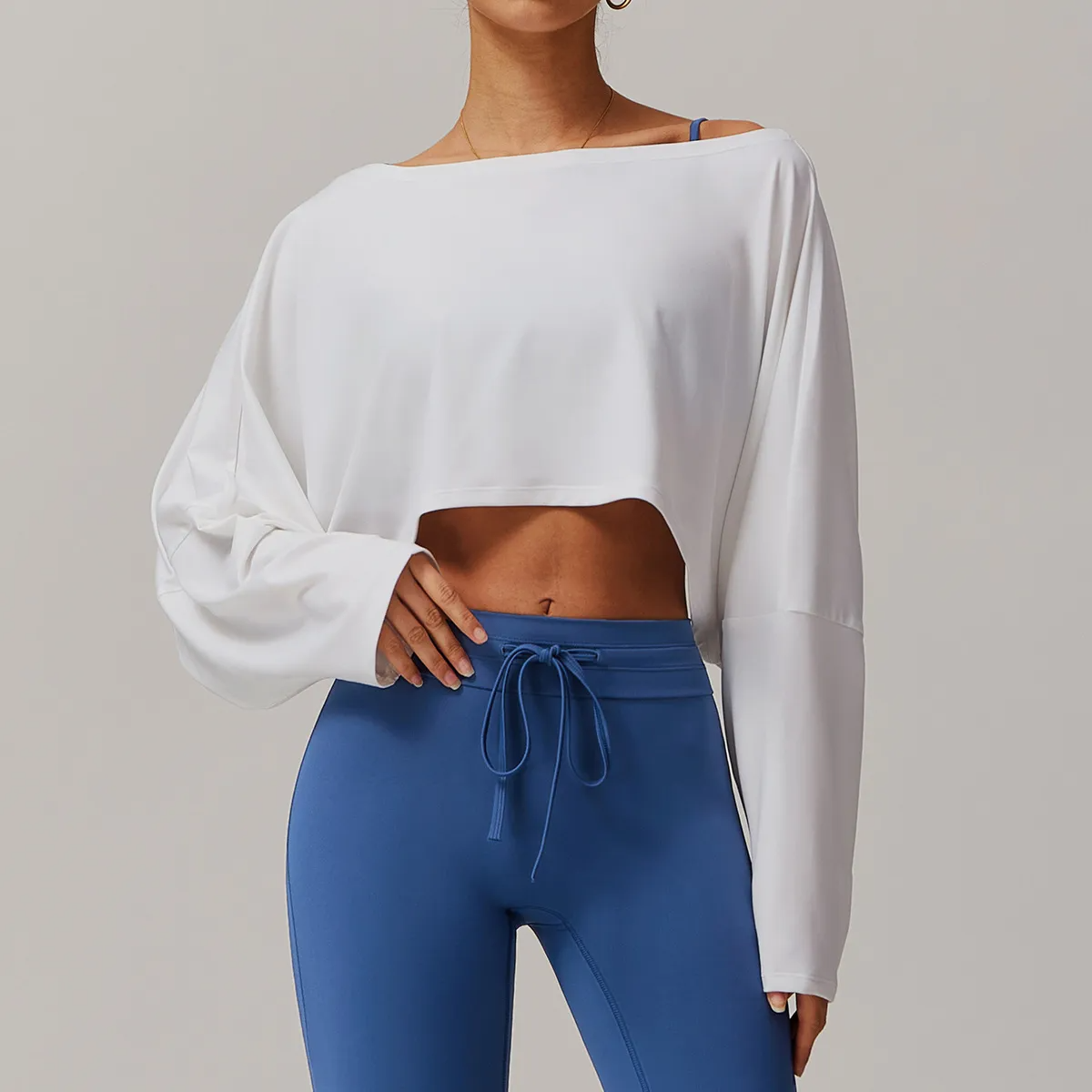 Caeli Long Sleeve Wide Neck Relaxed Cropped Top workout tops and t-shirts Castello Clothing Line