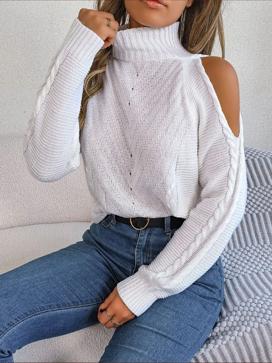 Vogue Vibes Cold-Shoulder Turtleneck Sweater  Castello Clothing Line   