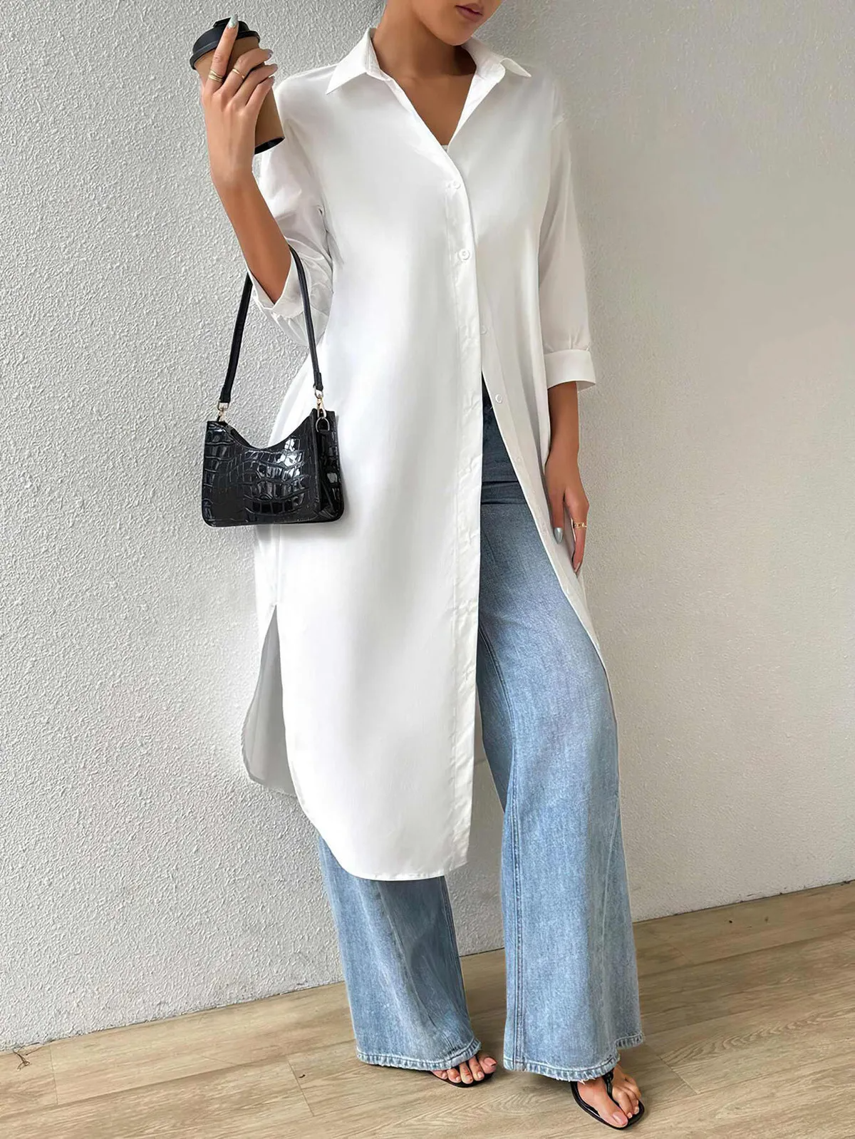 StrideSavvy Longline Button-Up Shirt Dress Castello Clothing Line