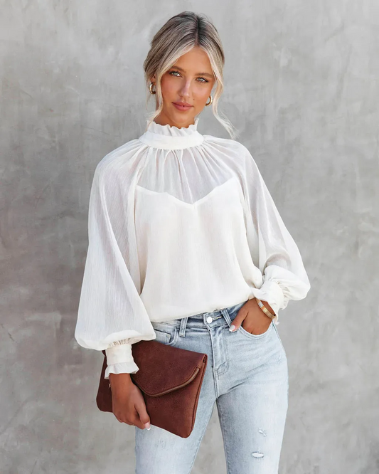 Ethereal Elegance Sheer Mock Neck Balloon Sleeve Blouse Castello Clothing Line