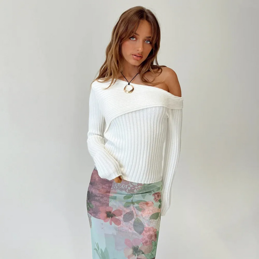 Spark Off-Shoulder Long Sleeve Ribbed Knit Sweater Castello Clothing Line