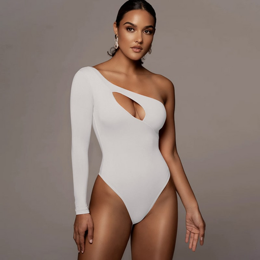 Cut Out One Shoulder Bodysuit - Stylish One-Shoulder Design, Milk Silk/Polyester Blend, Flattering Cut-Out Detail  Castello Clothing Line   