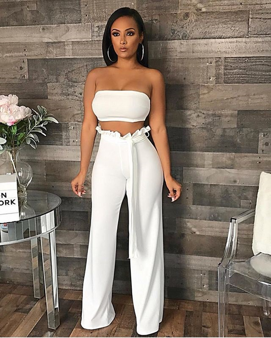 Bandeau Top & Ruffle High-Waist Wide-Leg Pant Set  Castello Clothing Line   
