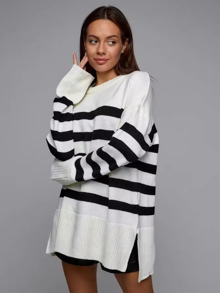 Tempo Striped Oversized Knit Long Sleeve Sweater Castello Clothing Line