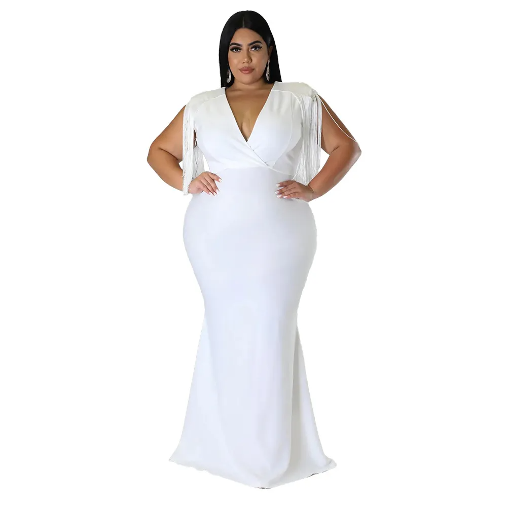 Zadie Plus Size Fringe Sleeve Plunging Trumpet Maxi Dress maxi dress Castello Clothing Line