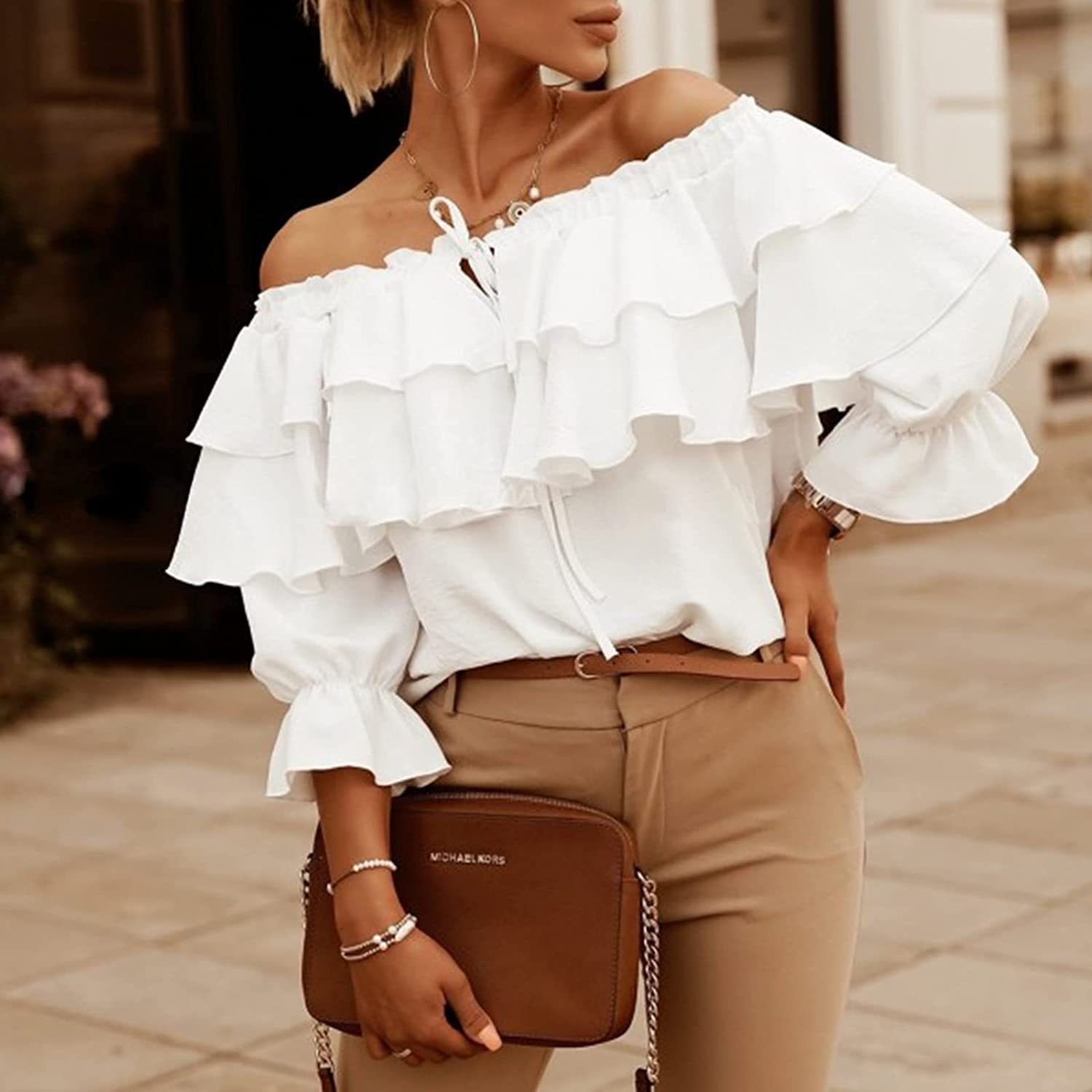 Frill Seeker Ruffle Off-Shoulder Tiered Blouse Castello Clothing Line
