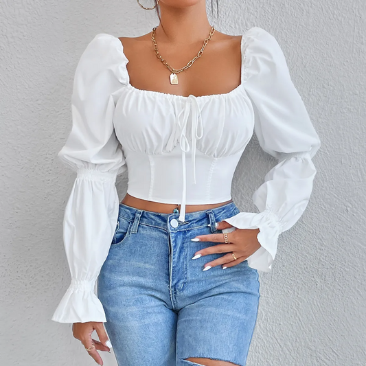 Vivara Ruched Tie Front Long Sleeve Crop Top Castello Clothing Line