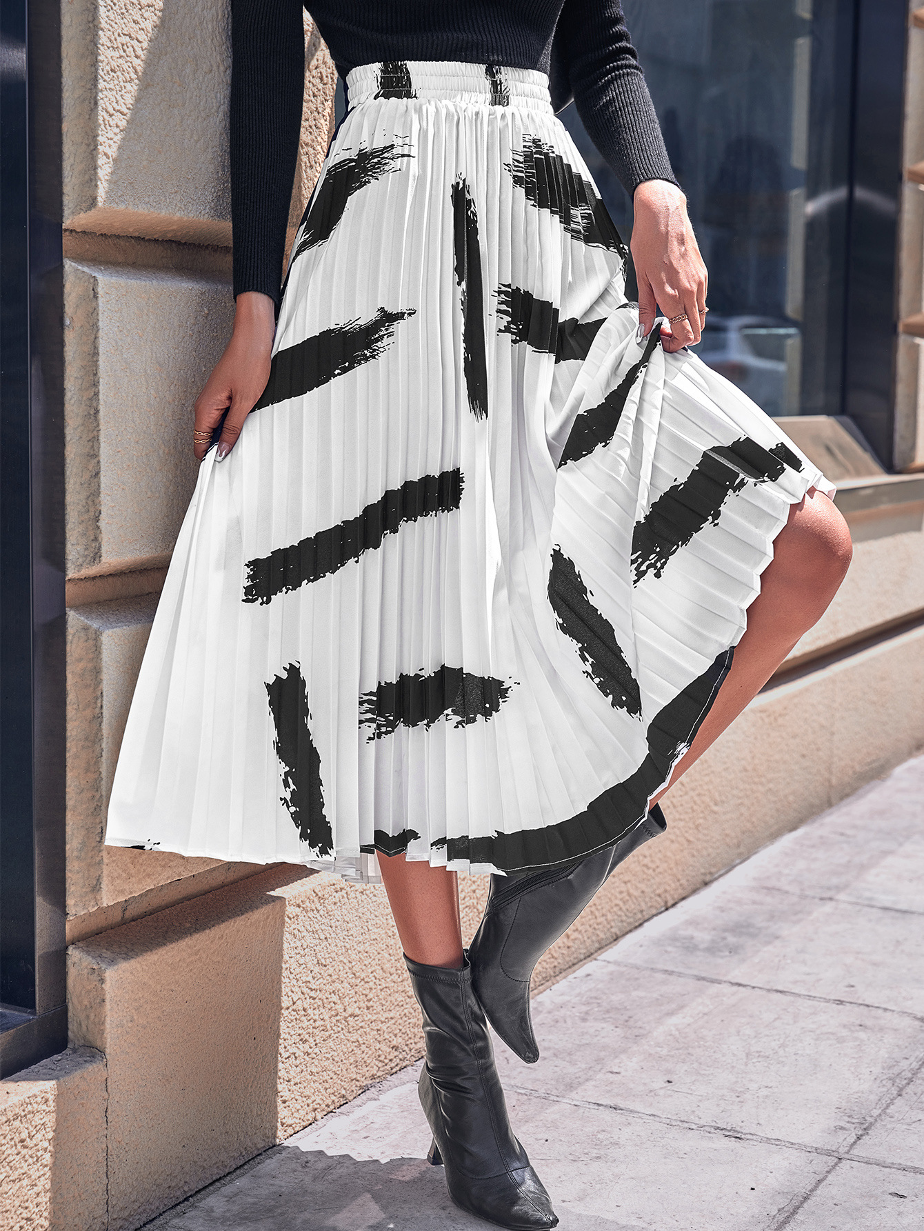 High Waist Pleated Midi Maxi Skirt with Abstract Print - Chiffon/Polyester Blend  Castello Clothing Line   