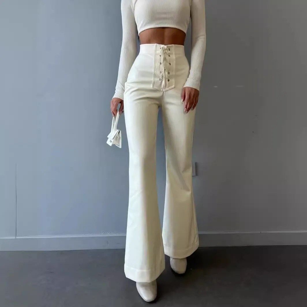 Juno High-Waisted Lace-Up Faux Leather Flare Pants Castello Clothing Line