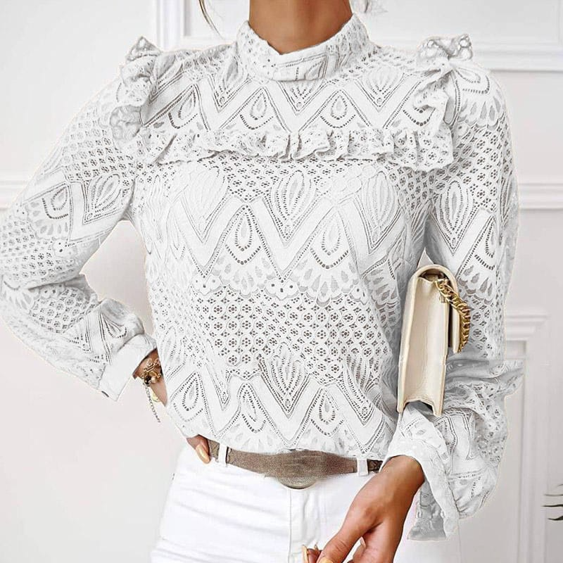 Top It Off Lace Ruffle Long Sleeve High-Neck Blouse Castello Clothing Line