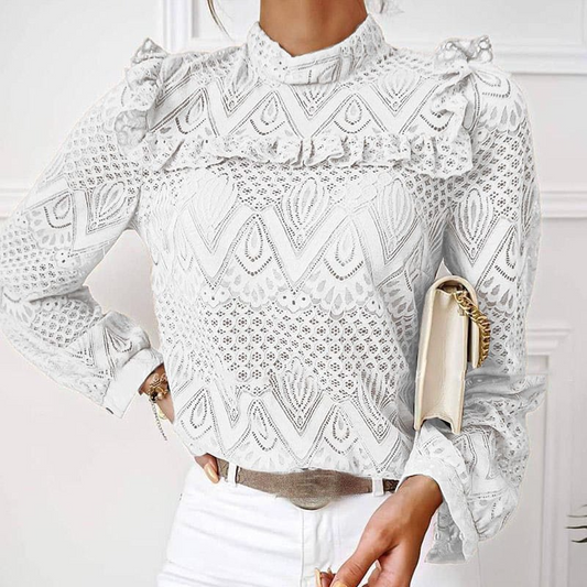 Top It Off Lace Ruffle Long Sleeve High-Neck Blouse Castello Clothing Line
