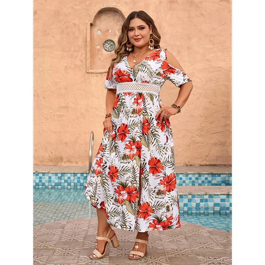 Cecily Plus Size Floral Cold Shoulder Slit Maxi Dress maxi dress Castello Clothing Line