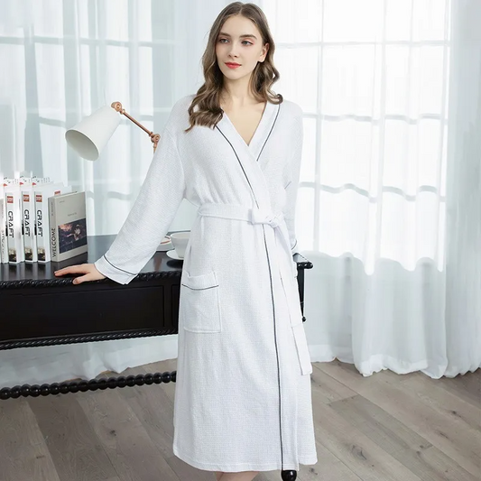 Ocean Breeze Waffle-Knit Long Cotton Robe  Castello Clothing Line   