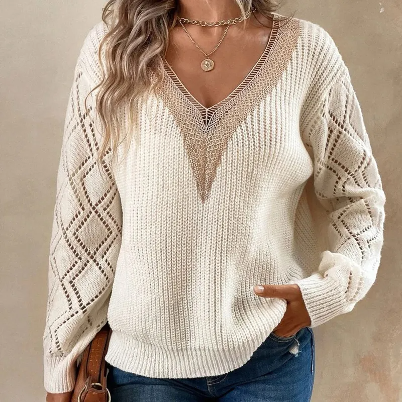 Viva Lace V-Neck Knit Long Sleeve Sweater Castello Clothing Line