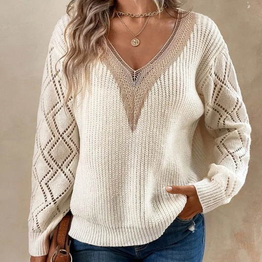 Viva Lace V-Neck Knit Long Sleeve Sweater Castello Clothing Line