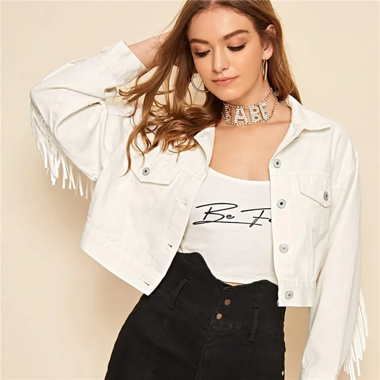 Jive Fringed Cropped Button-Up Denim Jacket Castello Clothing Line