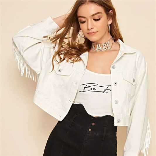 Jive Fringed Cropped Button-Up Denim Jacket Castello Clothing Line