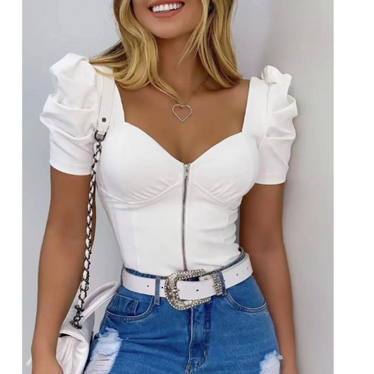 Drama Sweetheart Neck Puff Sleeve Zipper Corset Top Castello Clothing Line