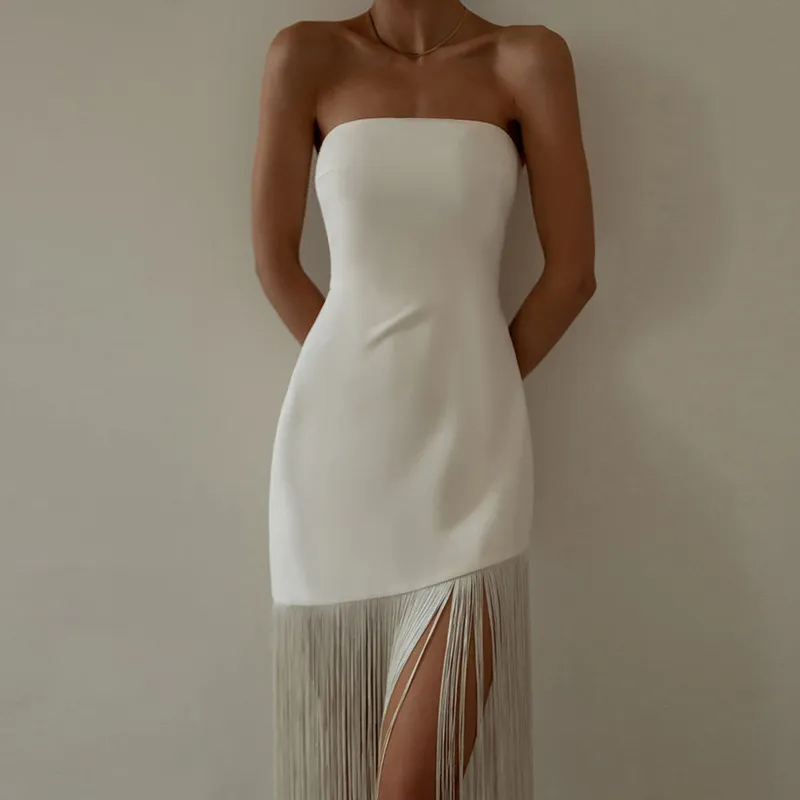 Camille Strapless Stretch Fabric Fringe Hem Midi Dress midi dress Castello Clothing Line