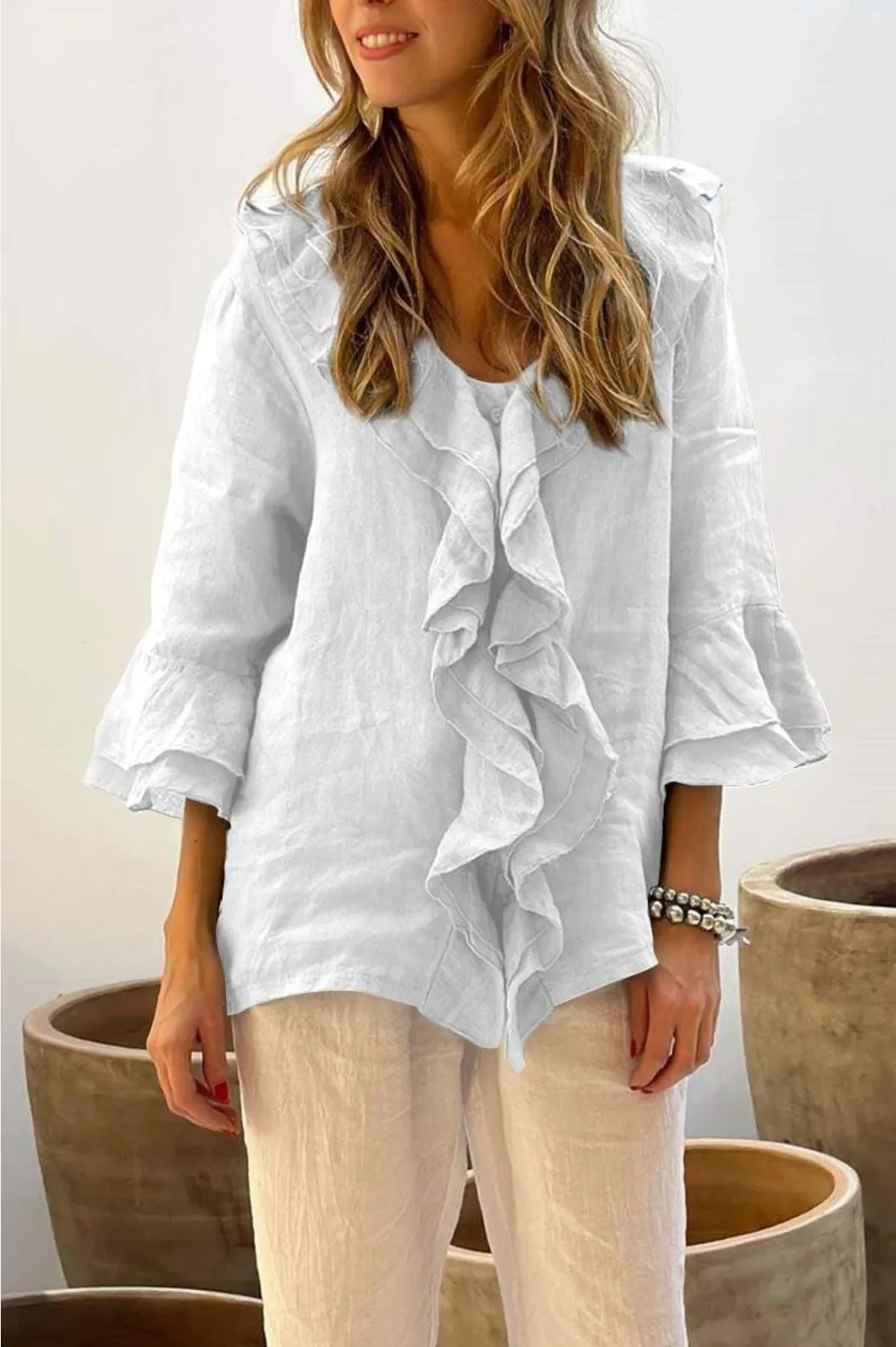Fleur Ruffle Front 3/4 Sleeve Relaxed Linen Blouse Castello Clothing Line