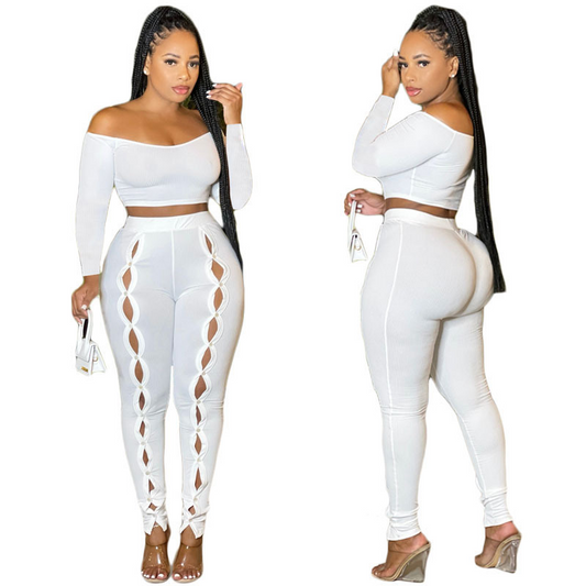 Off Shoulder Crop Top & Skinny Pants Set  Castello Clothing Line   