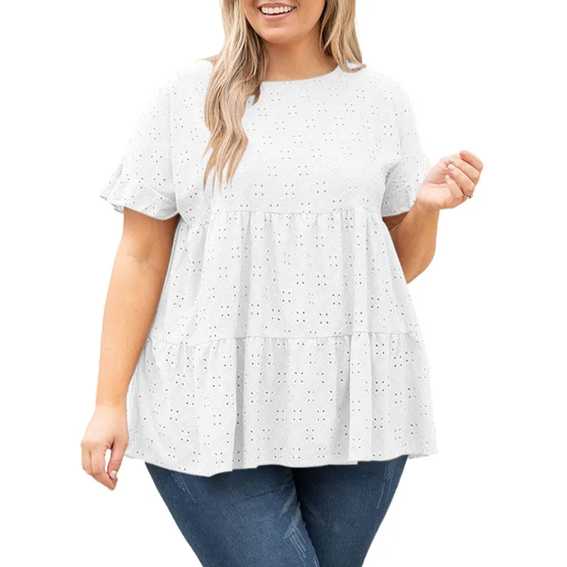 Cascade Tiered Ruffle Short Sleeve Plus Size Babydoll Top Castello Clothing Line