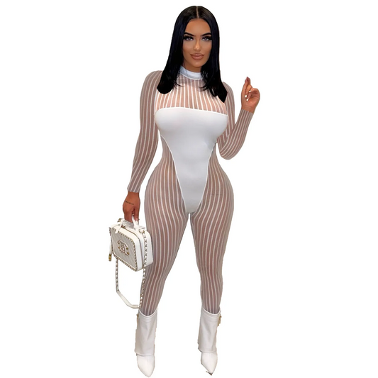 Kezia Long Sleeve Sheer Mesh Striped Bodycon Jumpsuit women jumpsuits Castello Clothing Line