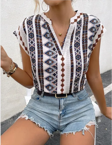 Tribal Threads V-Neck Cap Sleeve Printed Blouse Castello Clothing Line